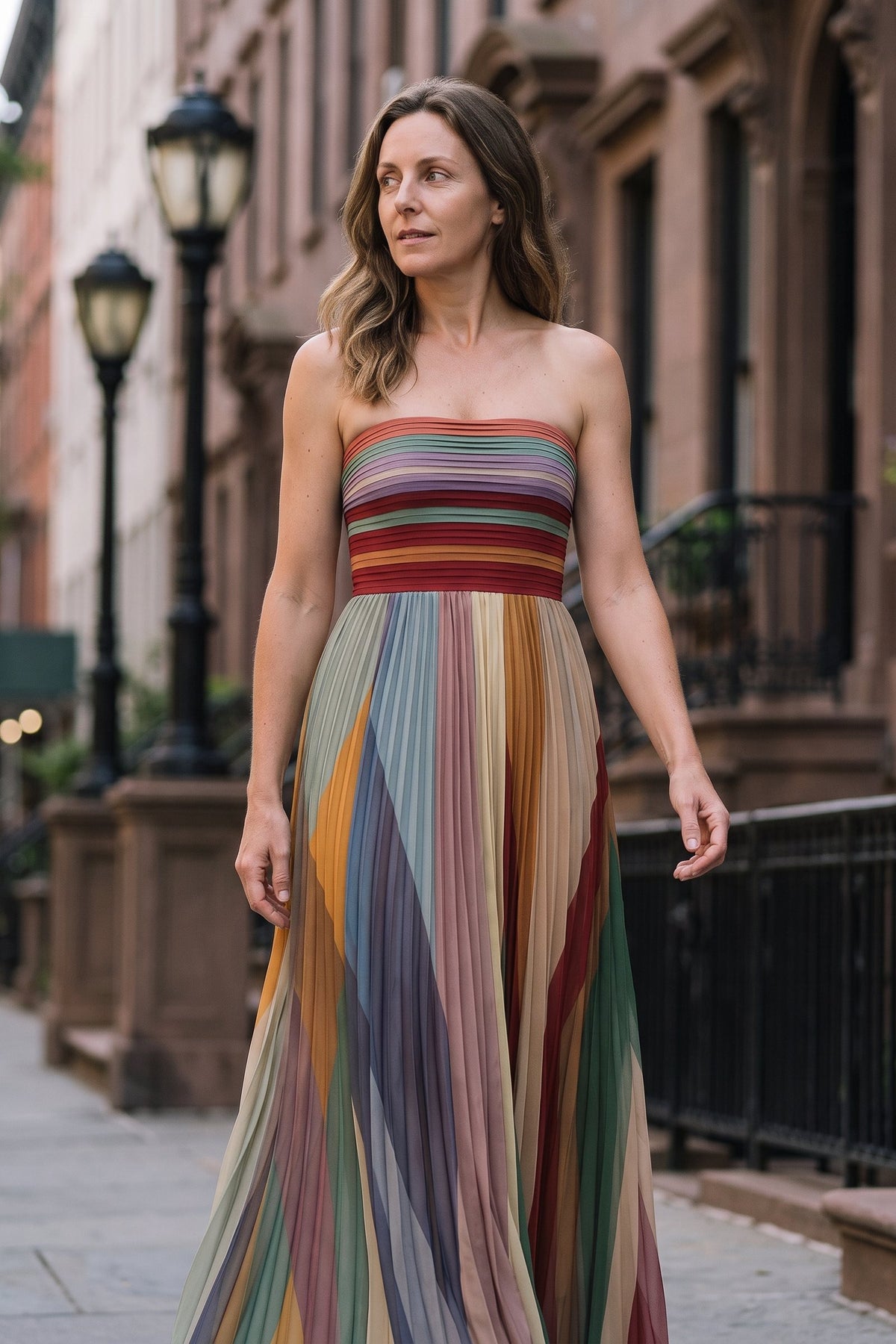 Women's Fall Wedding Guest Dress | Strapless Pleated Maxi — Multicolor Stripe — lifestyle — on model