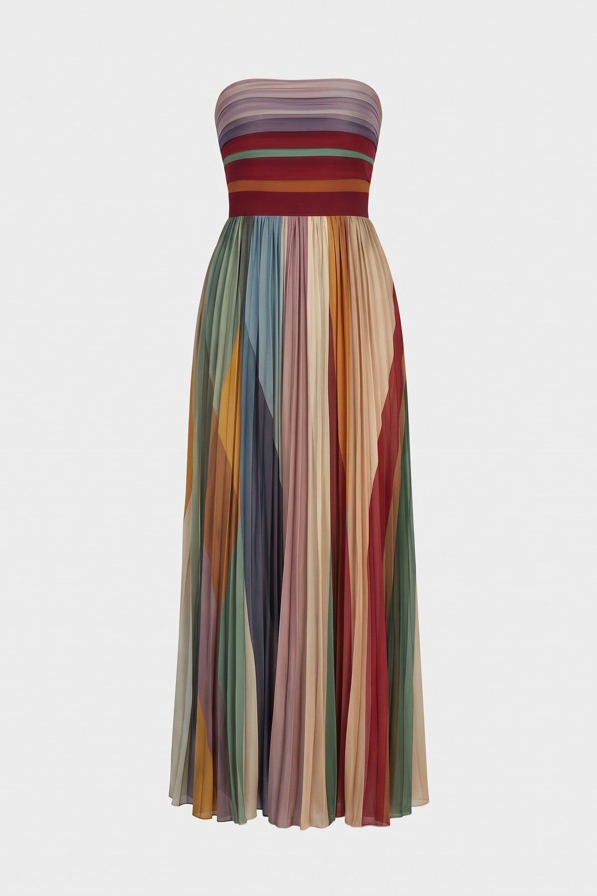Women's Fall Wedding Guest Dress | Strapless Pleated Maxi — Multicolor Stripe — packshot