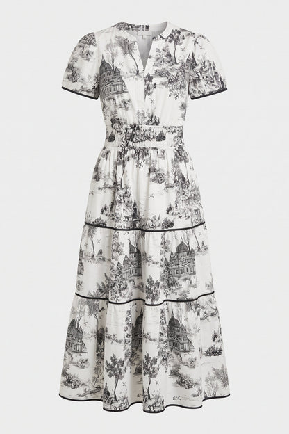 Women's Fall Wedding Guest Maxi Dress | Toile Print Tiered — Black — packshot