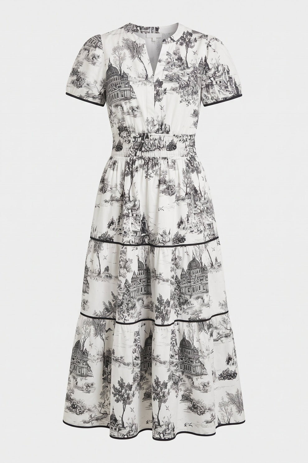 Women's Fall Wedding Guest Maxi Dress | Toile Print Tiered — Black — packshot