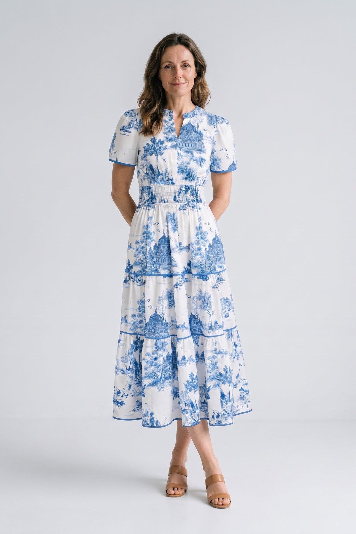 Women's Fall Wedding Guest Maxi Dress | Toile Print Tiered — Blue — front view — on model