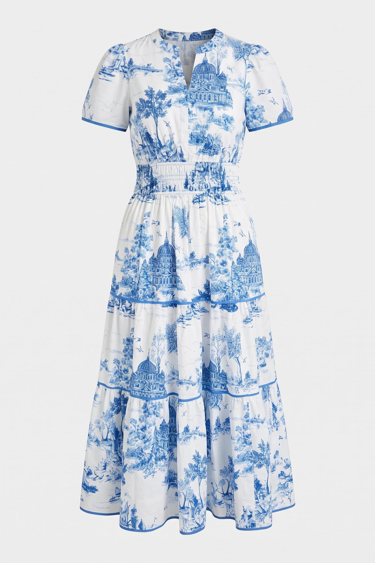 Women's Fall Wedding Guest Maxi Dress | Toile Print Tiered — Blue — packshot