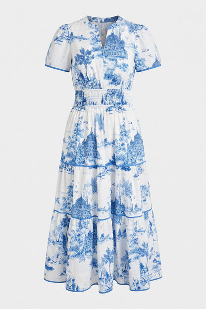 Women's Fall Wedding Guest Maxi Dress | Toile Print Tiered — Blue — packshot