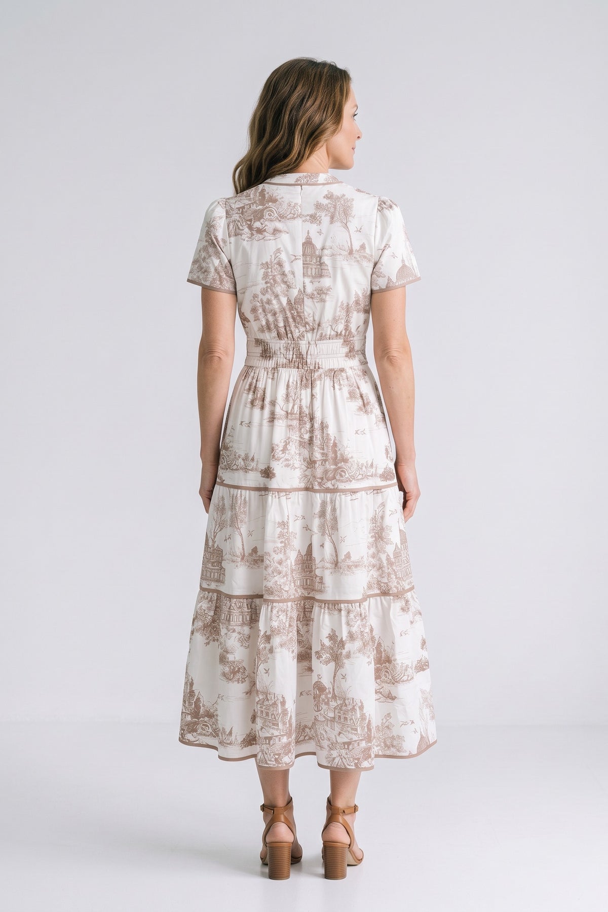 Women's Fall Wedding Guest Maxi Dress | Toile Print Tiered — Taupe — back view — on model