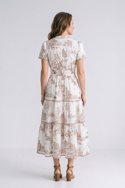 Women's Fall Wedding Guest Maxi Dress | Toile Print Tiered — Taupe — back view — on model