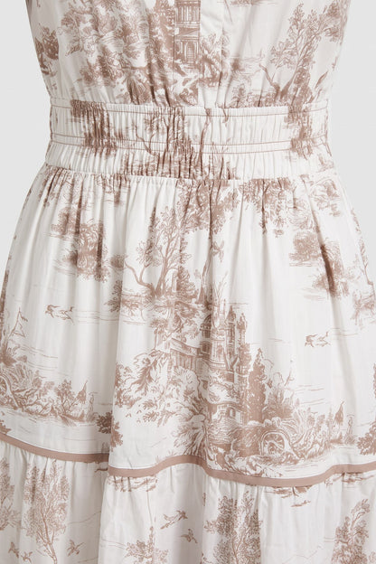 Women's Fall Wedding Guest Maxi Dress | Toile Print Tiered — Taupe — detail — on model