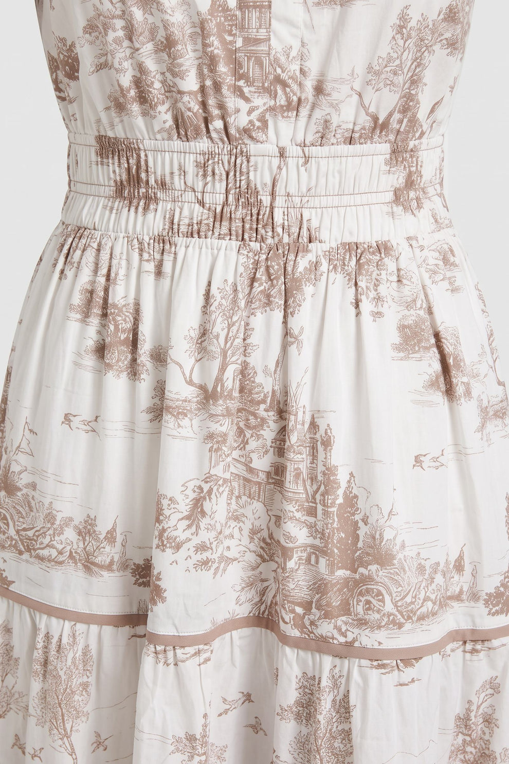 Women's Fall Wedding Guest Maxi Dress | Toile Print Tiered — Taupe — detail — on model
