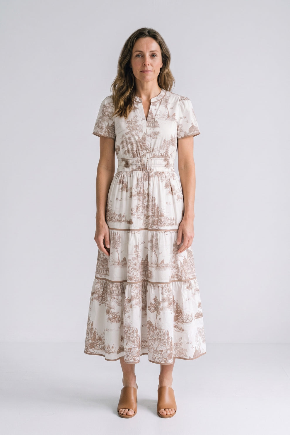 Women's Fall Wedding Guest Maxi Dress | Toile Print Tiered — Taupe — front view — on model