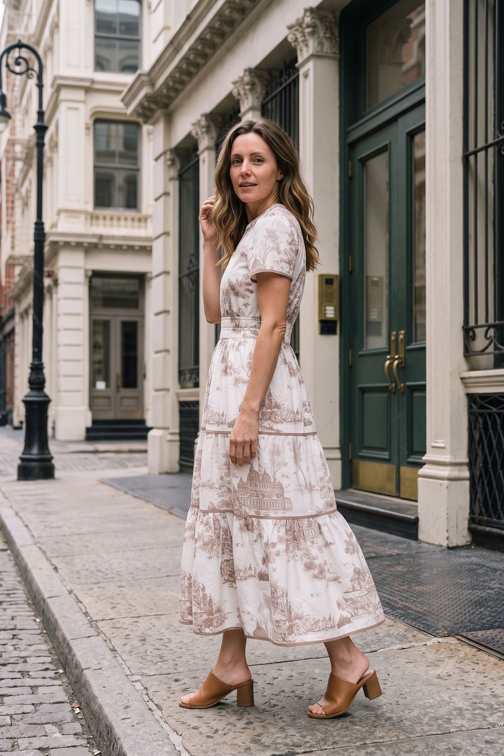 Women's Fall Wedding Guest Maxi Dress | Toile Print Tiered — Taupe — lifestyle — on model
