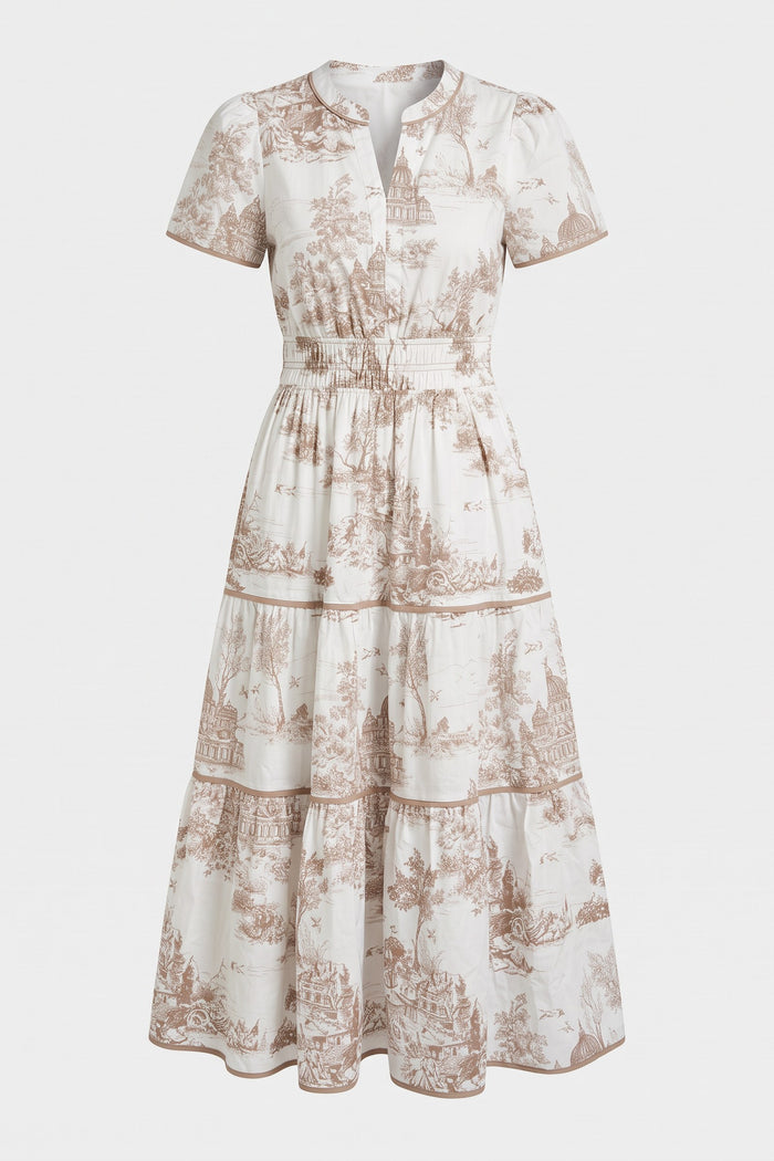 Women's Fall Wedding Guest Maxi Dress | Toile Print Tiered — Taupe — packshot