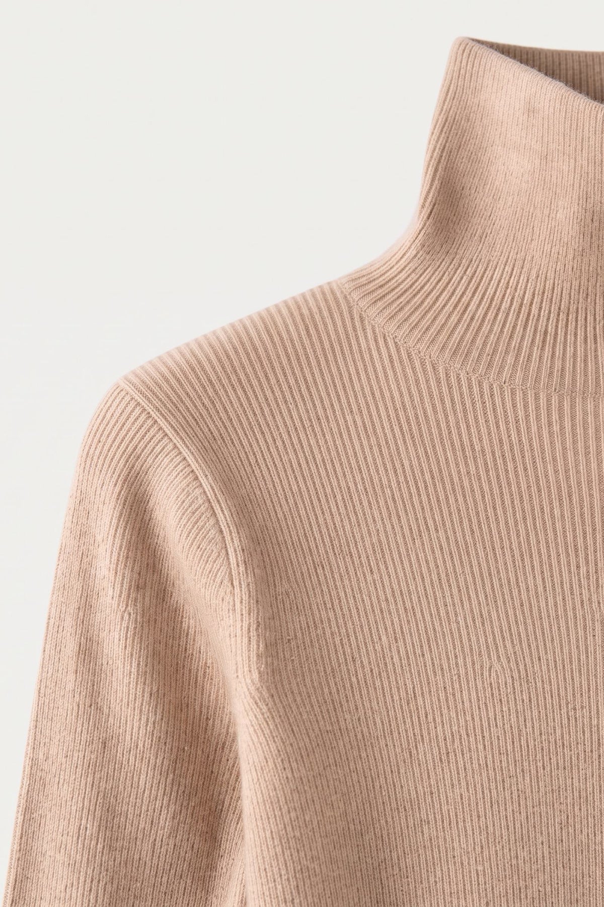 Women's Fitted Turtleneck Sweater | Ribbed — Beige — detail — on model