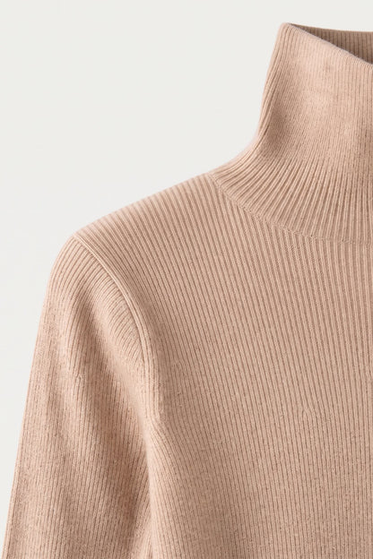 Women's Fitted Turtleneck Sweater | Ribbed — Beige — detail — on model