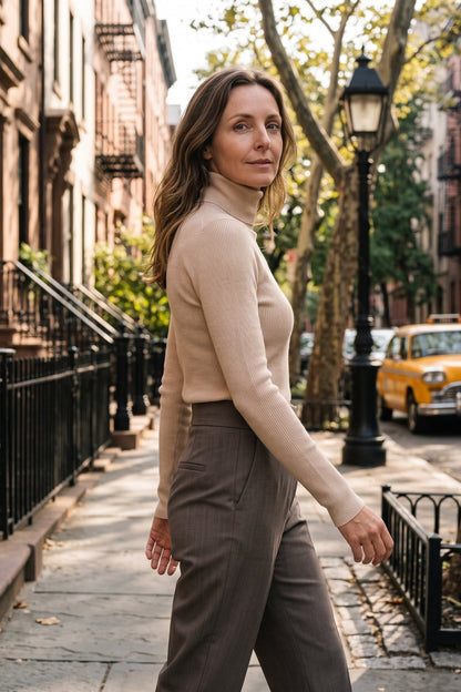 Women's Fitted Turtleneck Sweater | Ribbed — Beige — lifestyle — on model