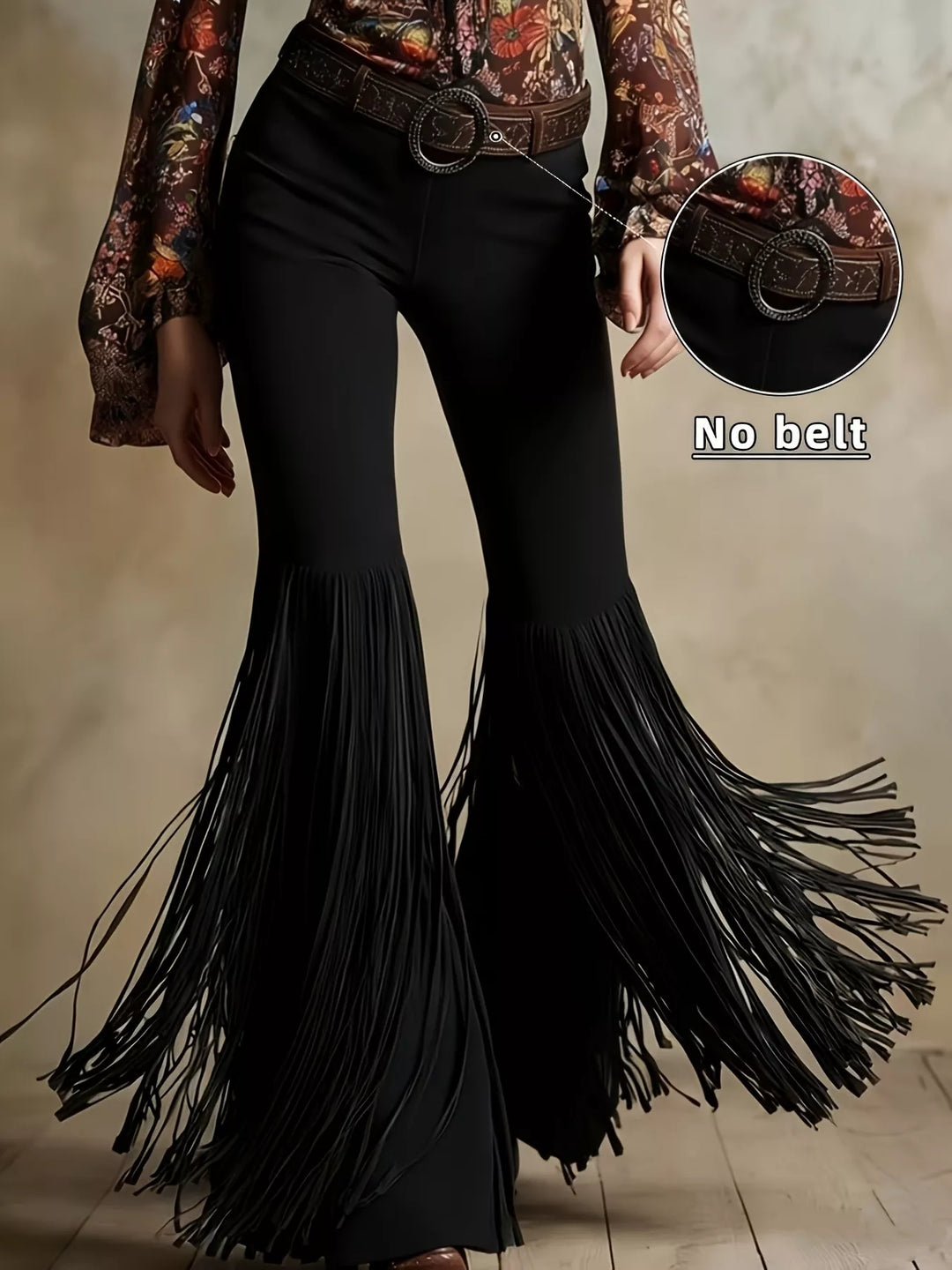 Black high waisted flare pants with long fringe hem, front view