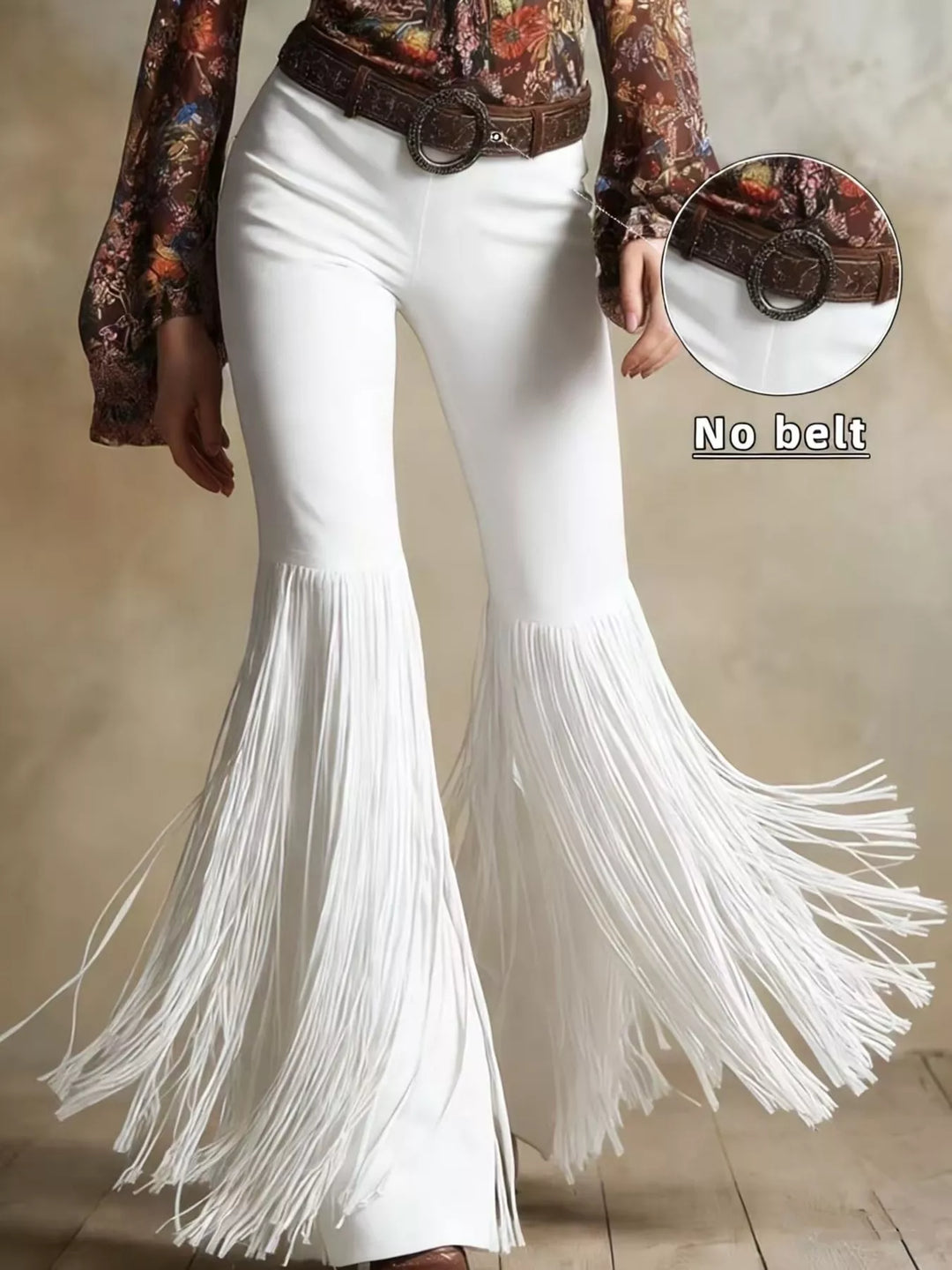 White western style flare pants with fringe hem, front full view