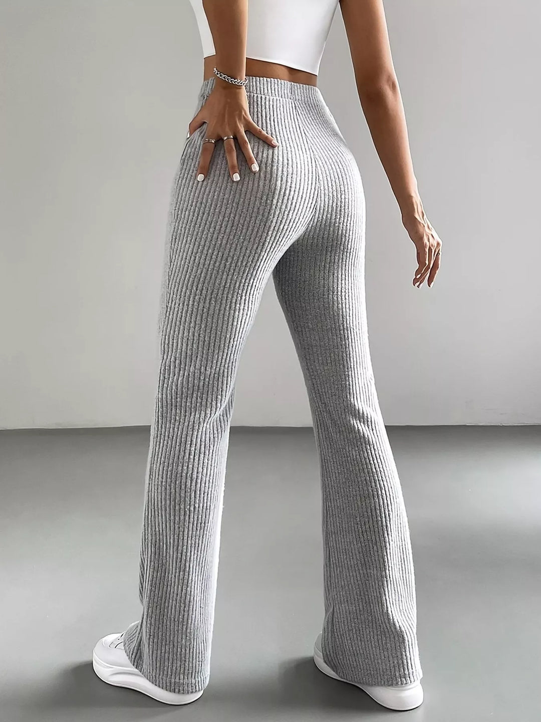 Back view of heather gray high waisted flare pants