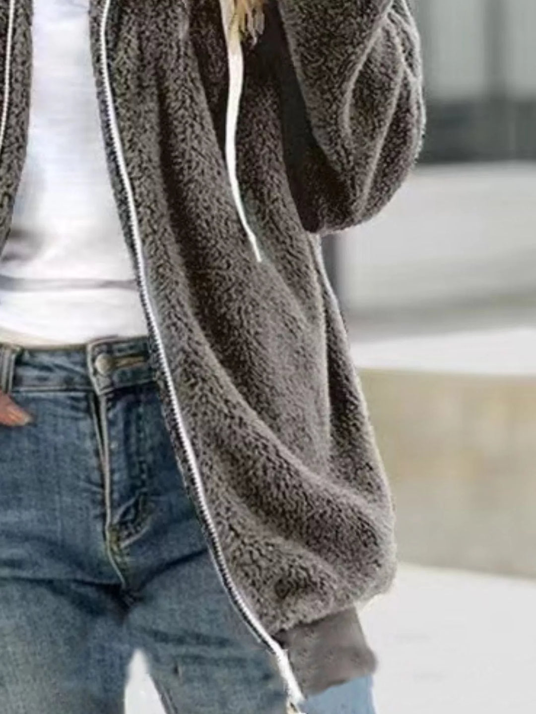 Charcoal gray hooded fleece jacket, side view with long sleeves