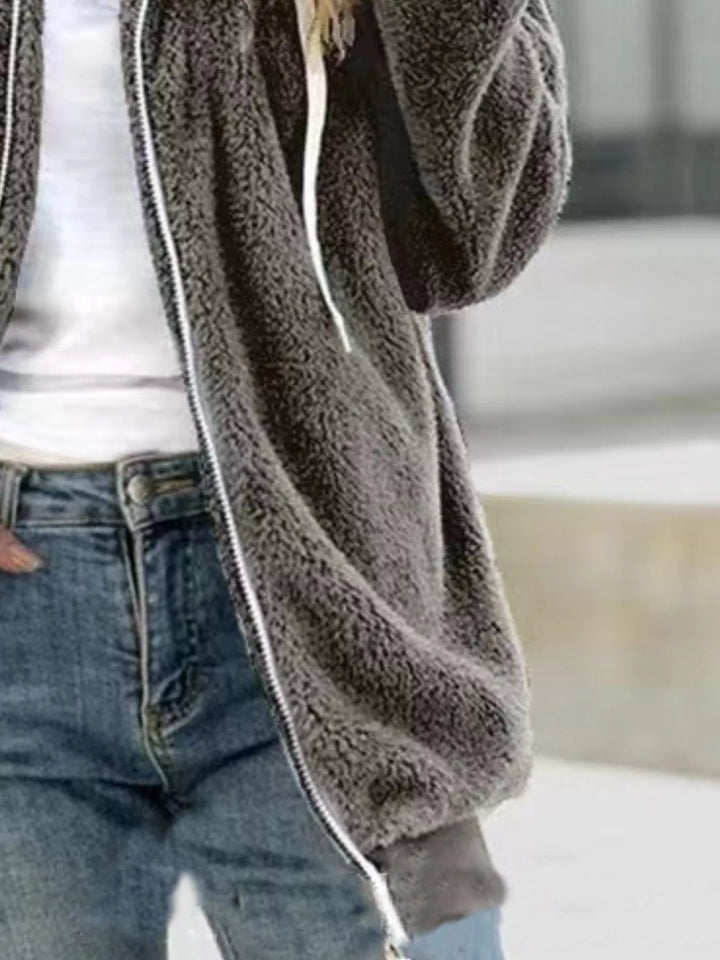 Charcoal gray hooded fleece jacket, side view with long sleeves