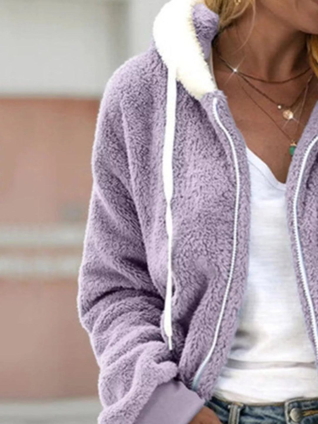 Lavender fleece zip up jacket close-up of the soft fuzzy texture and hood