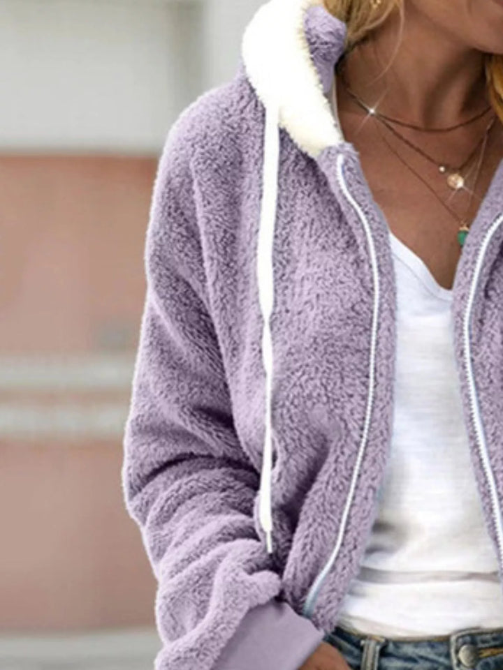 Lavender fleece zip up jacket close-up of the soft fuzzy texture and hood