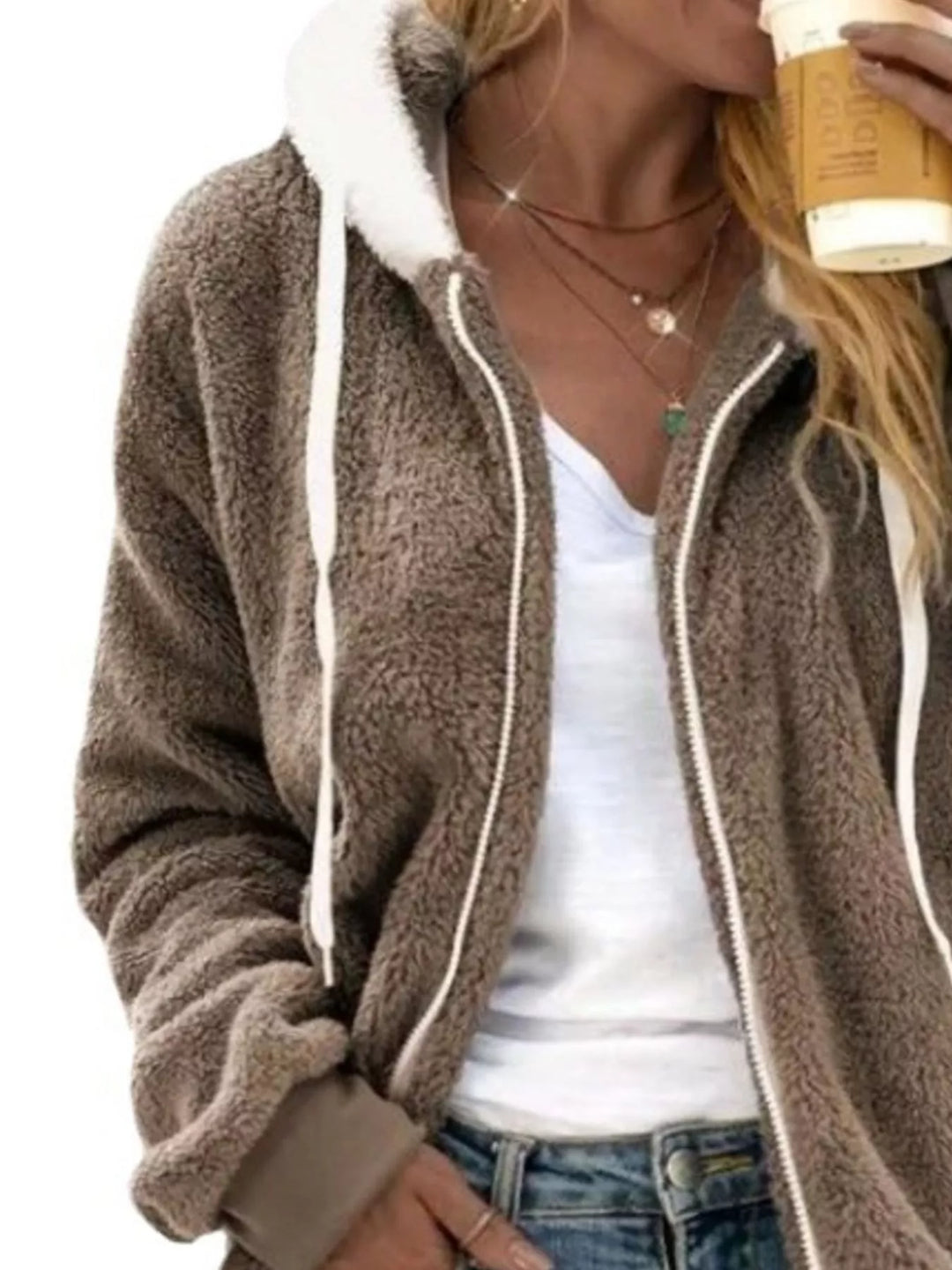 Mocha brown fleece jacket with white drawstrings, close view of the hood and zipper
