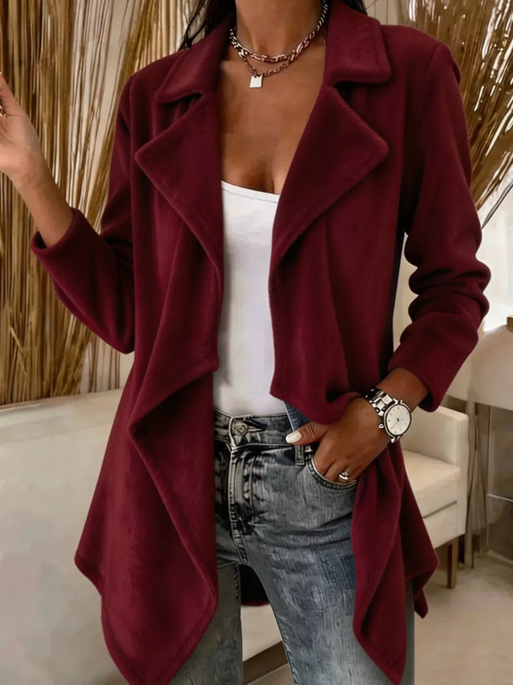 Waterfall drape lapel collar plus size in burgundy, front view