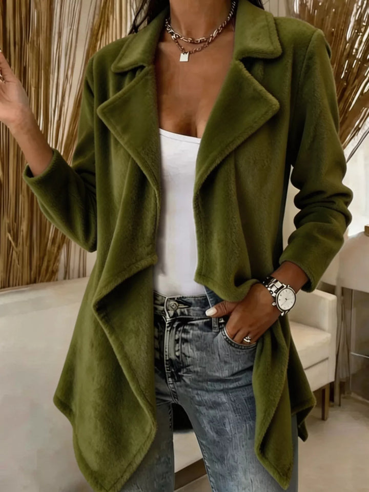 Waterfall drape lapel collar plus size in green, front view