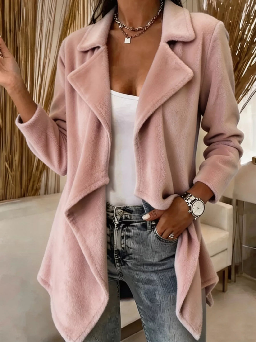 Waterfall drape lapel collar plus size in pink, front view