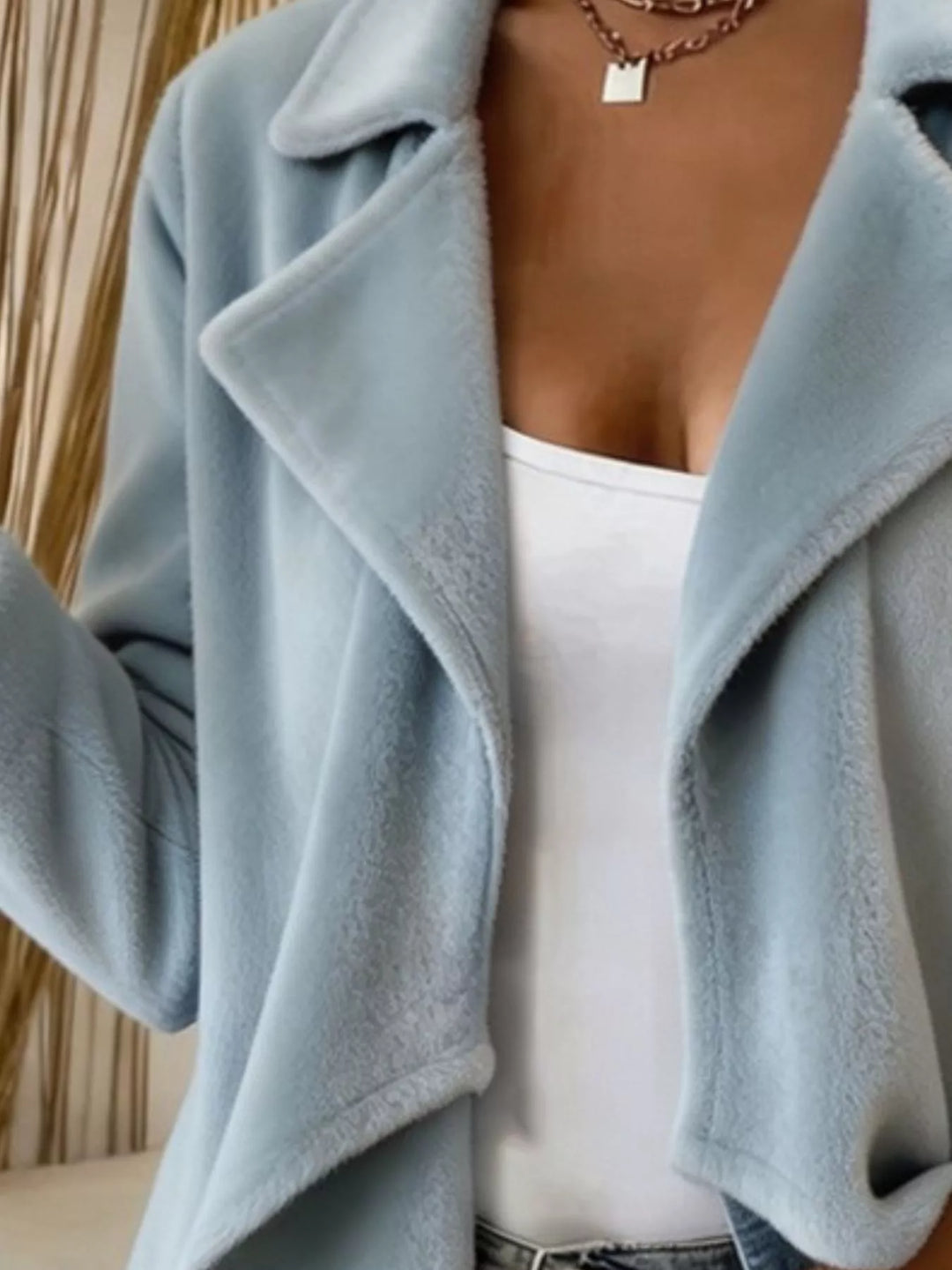 Waterfall drape lapel collar plus size in sky blue, close-up detail