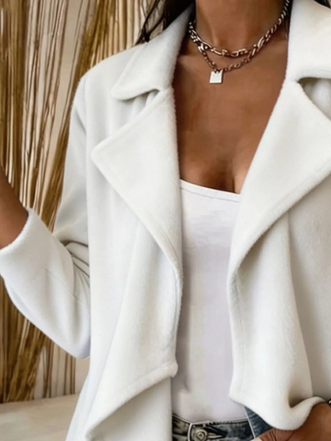 Waterfall drape lapel collar plus size in white, close-up detail