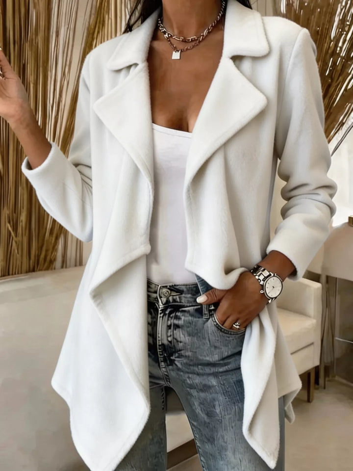 Waterfall drape lapel collar plus size in white, front view