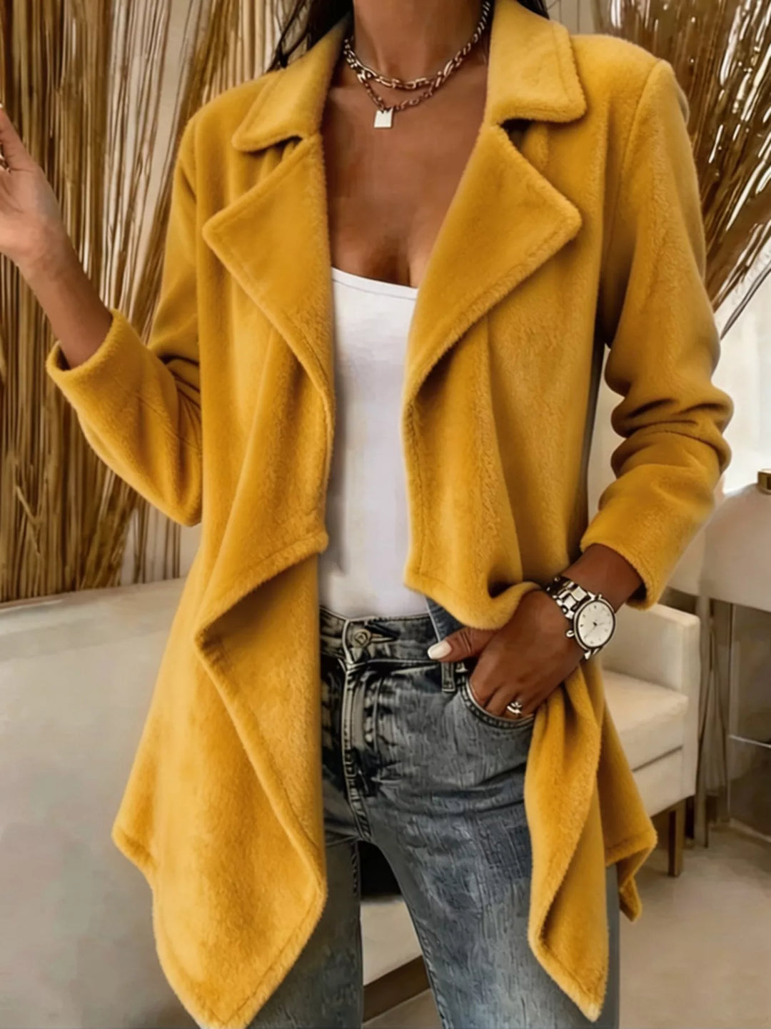 Waterfall drape lapel collar plus size in yellow, front view