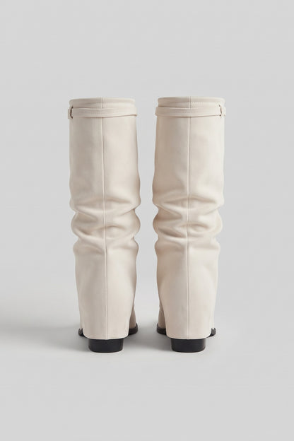 Women's Fold-Over Boots | Knee-High — Cream — shoe_back — on model