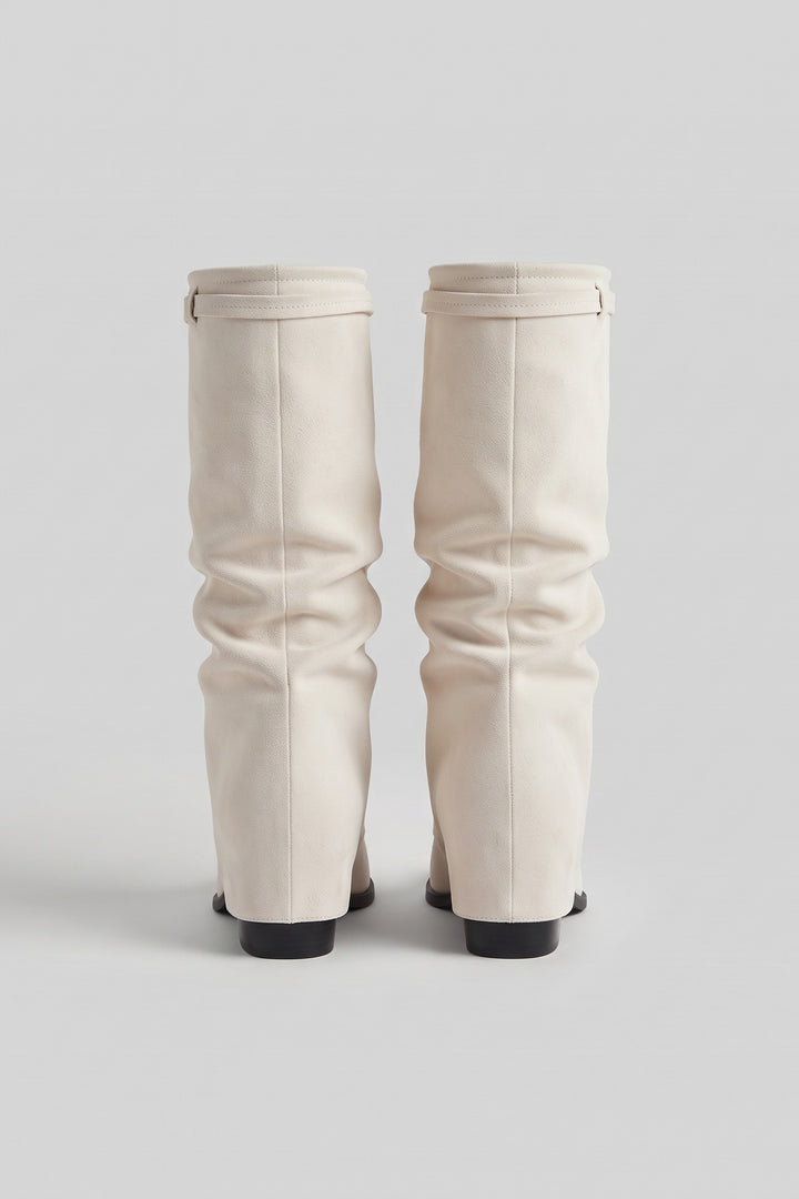 Women's Fold-Over Boots | Knee-High — Cream — shoe_back — on model