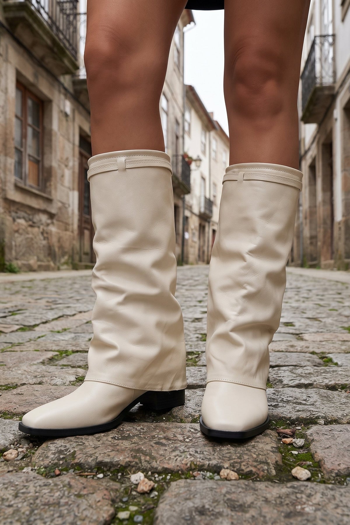Women's Fold-Over Boots | Knee-High — Cream — shoe_worn — on model