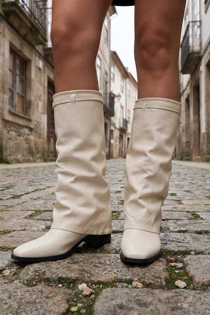 Women's Fold-Over Boots | Knee-High — Cream — shoe_worn — on model