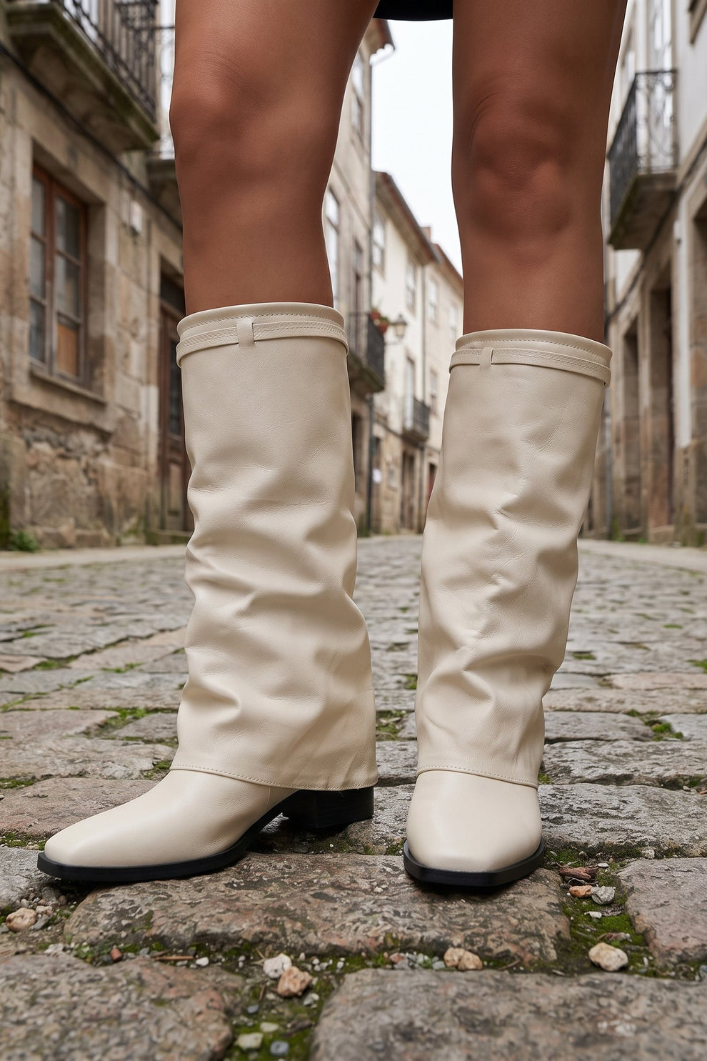 Women's Fold-Over Boots | Knee-High — Cream — shoe_worn — on model