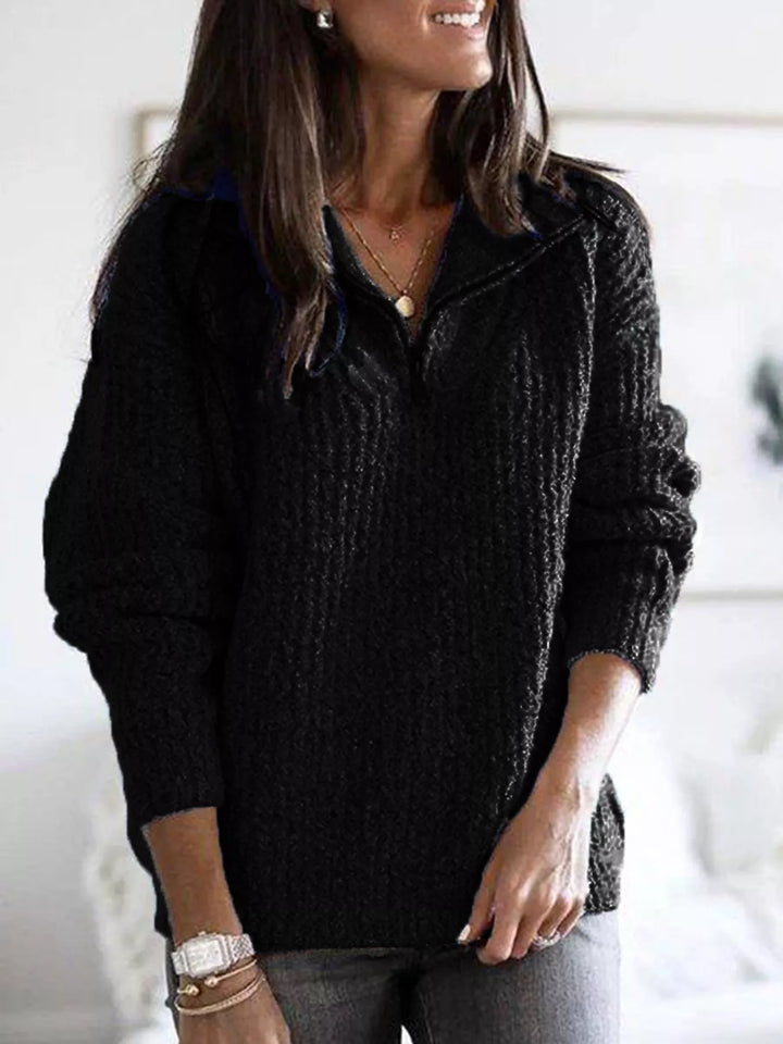 Black half zip ribbed knit sweater with a relaxed fit, front view