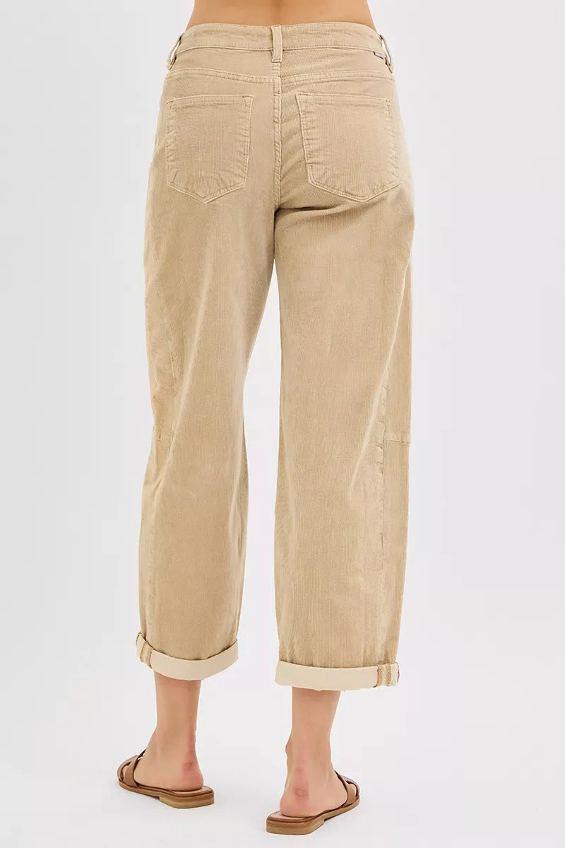 Back view of the tan corduroy-look barrel leg pants