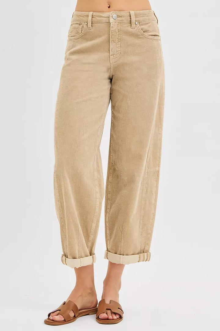 Tan high waisted barrel pants, front view from waist to ankle