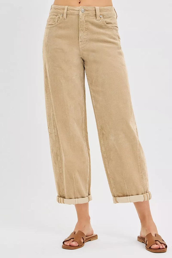 Women's high waisted pants in tan, corduroy-look barrel leg cropped, front view