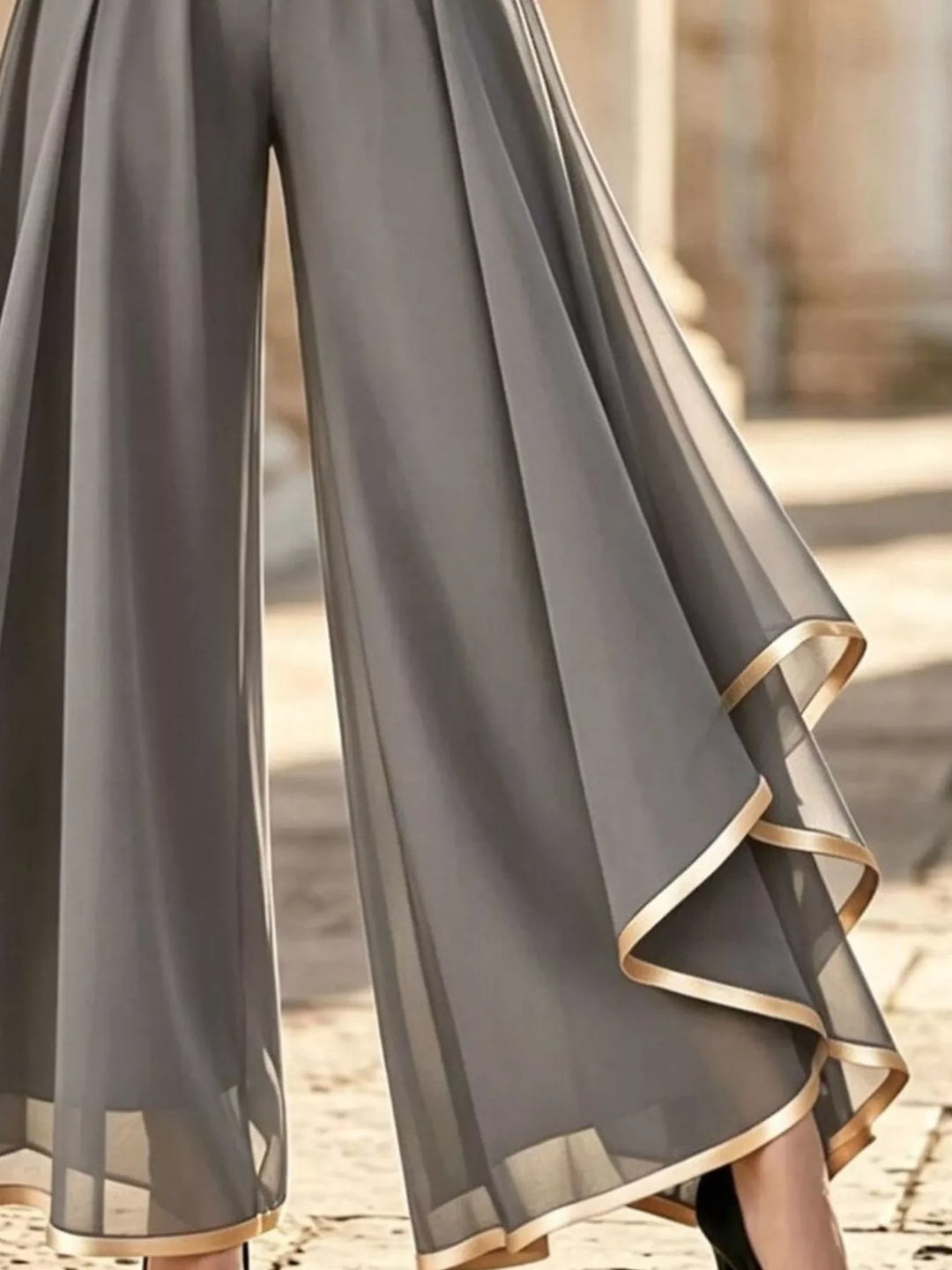 Gray wide leg pants with gold edged ruffle overlay in a closer lower view