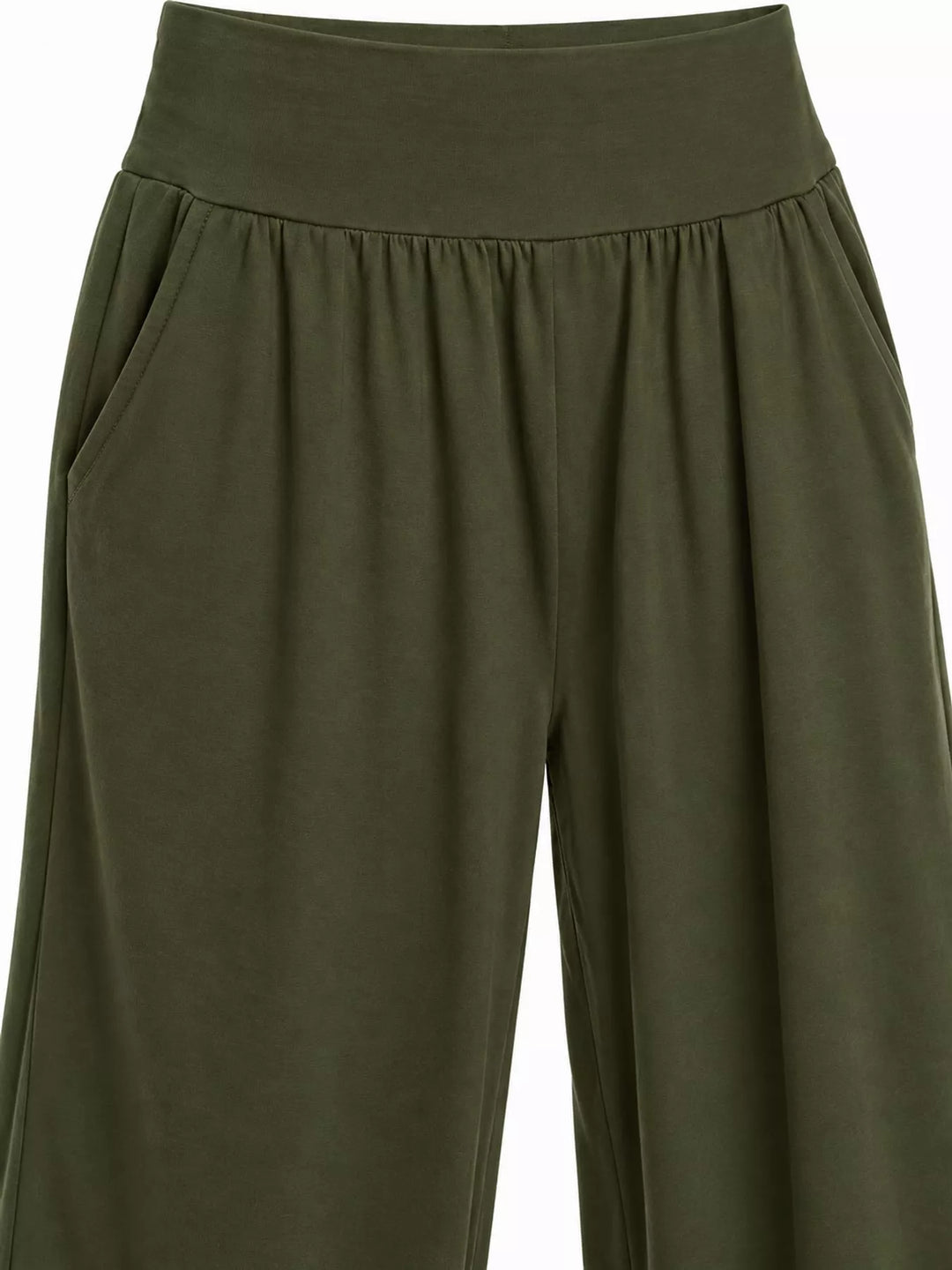 Army green high waisted wide leg pants, close-up of the smocked waistband and pocket