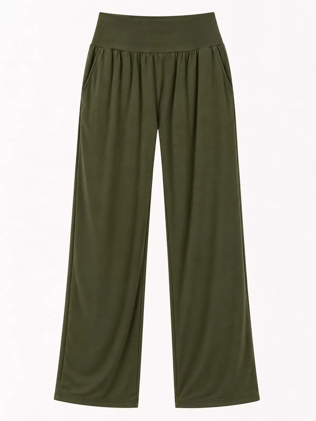 Army green high waisted wide leg pants, laid flat, straight leg shape visible