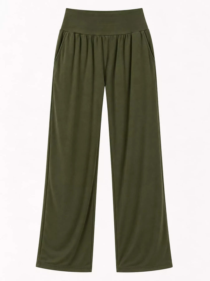 Army green high waisted wide leg pants, laid flat, straight leg shape visible