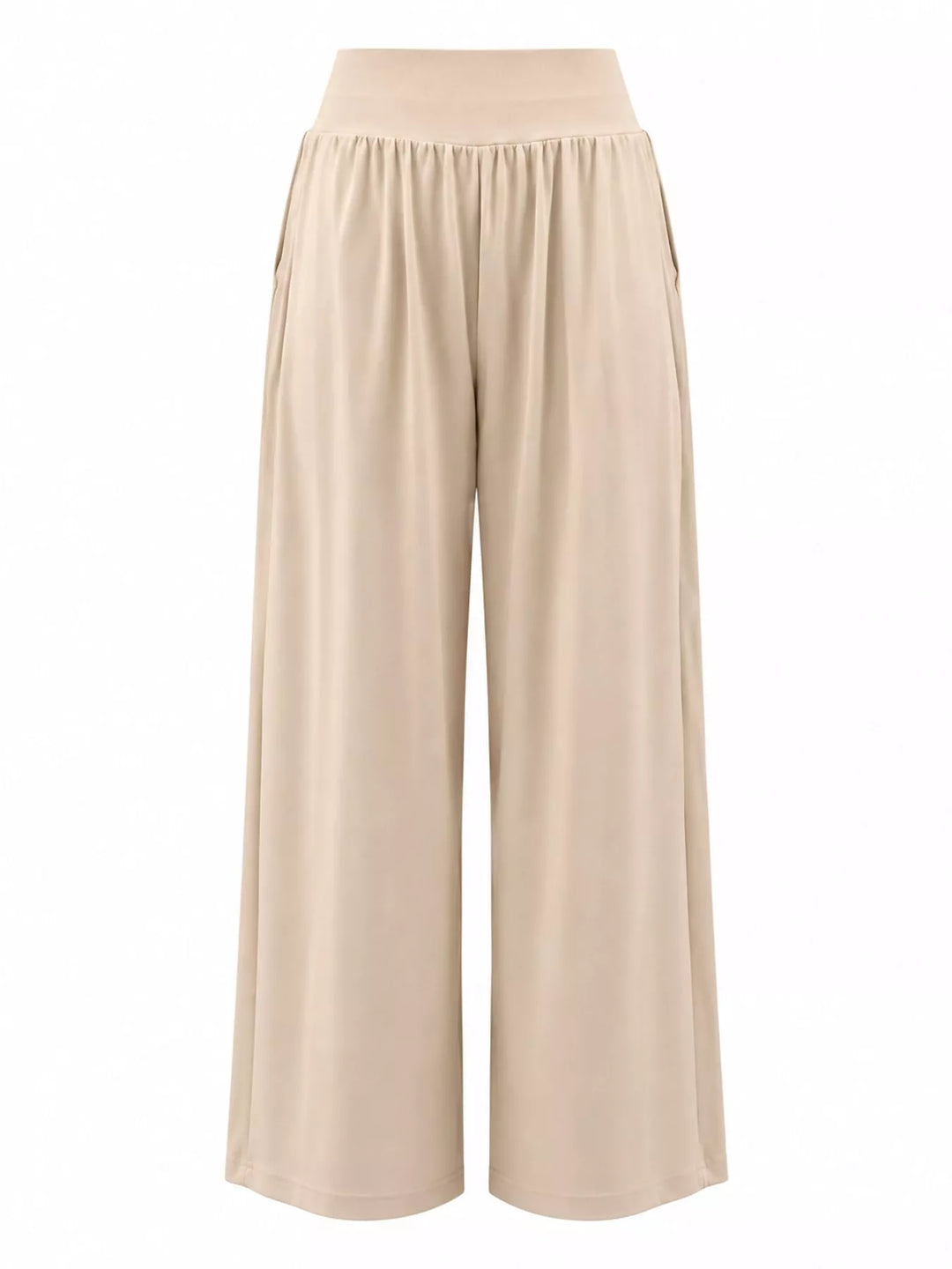 Beige high waisted wide leg pants, flat back view of the gathered waistband