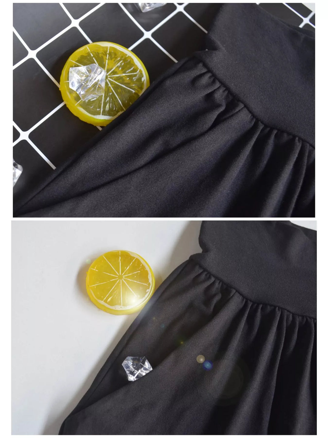 Black high waisted wide leg pants, waistband and pocket detail beside small lemon props