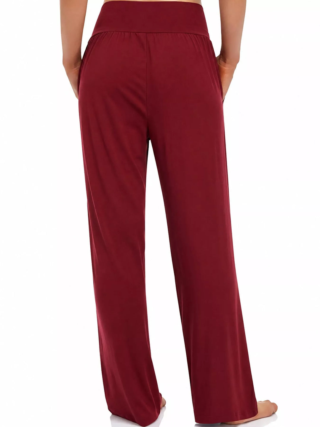 Burgundy high waisted wide leg pants, back view with gathered waistband