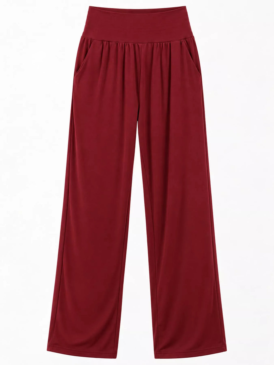 Burgundy high waisted wide leg pants, laid flat showing the full length