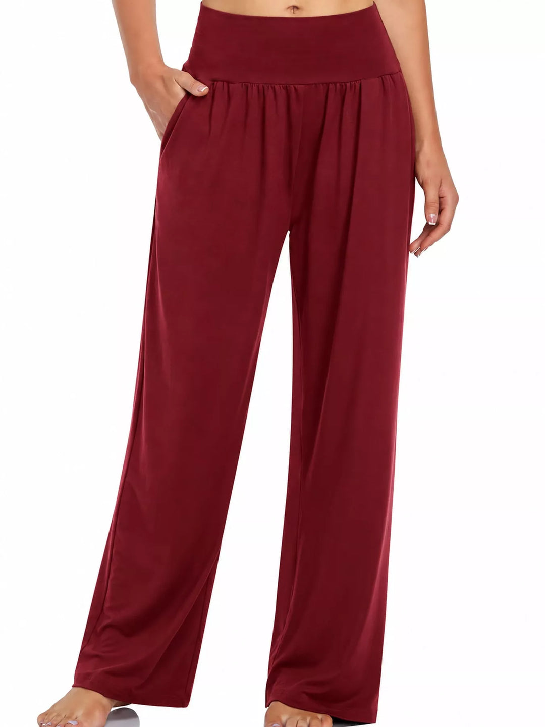Burgundy high waisted wide leg pants, front view with hand in pocket
